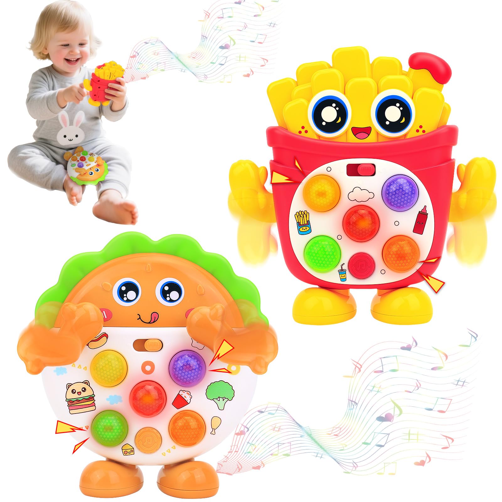 MPQMPQ Baby Musical Toys, Sensory Toys for Babies with Music & Sound Effects & 5 Level Quick Push Game, Interactive Light up Baby Toy, Birthday Gift for Boy Girl 1 2 3 Year Old
