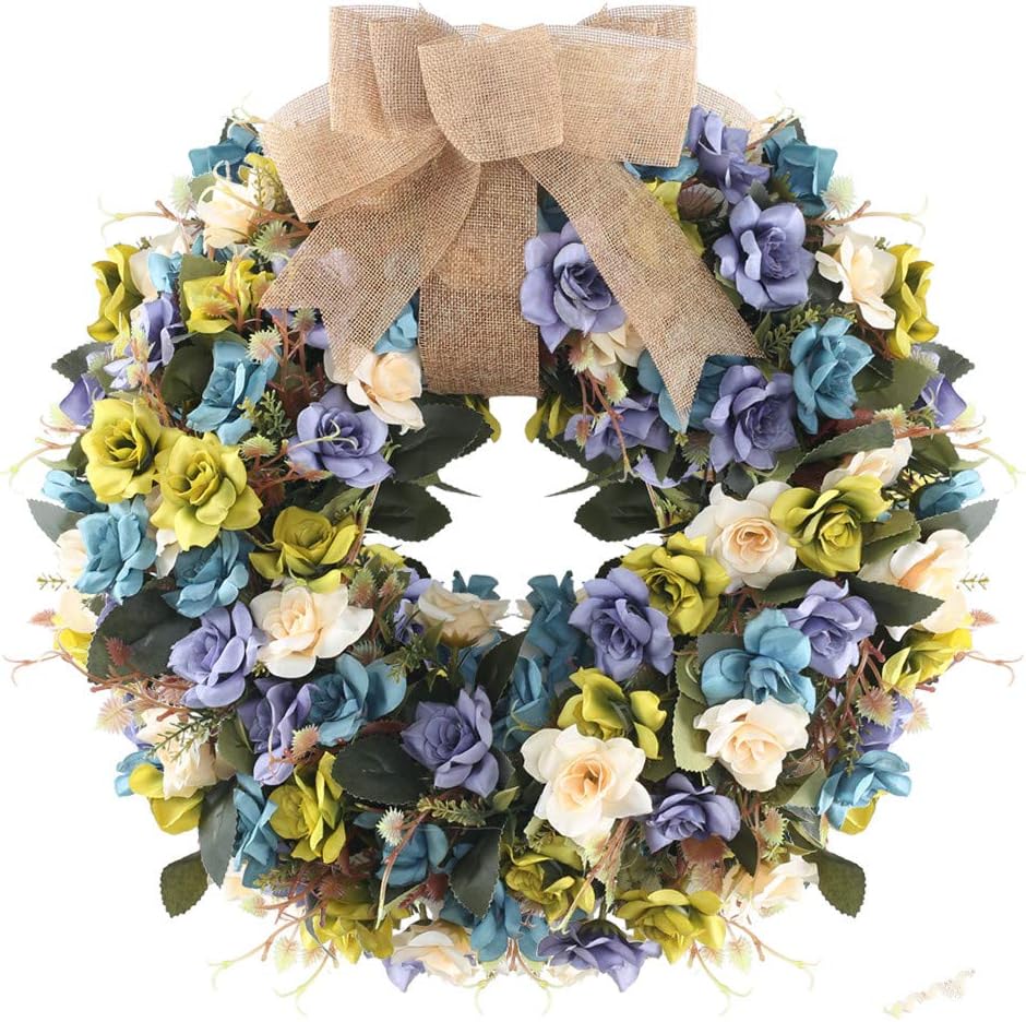 MHMJON 16 Inches Artificial Rose Wreath Handmade Front Door Wreath Flowers Arrangements with Ribbon Bow for Home Office Wall Window Wedding and Farmhouse Decorations