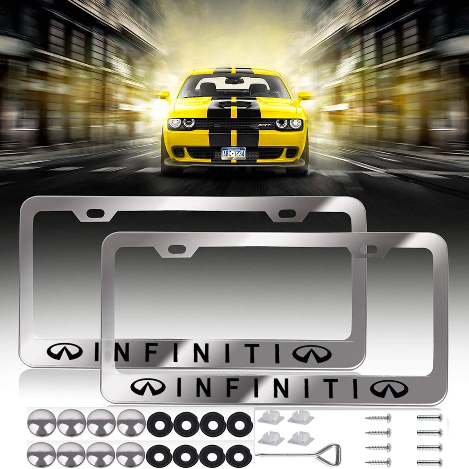 2 Pcs Newest Infiniti Logo Bling Frosted Silver Aluminum Alloy License Plate Frame,with Screw Caps Cover Set Suit,Applicable to US Standard car License Frame, for Infiniti.