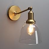 PERMO Industrial Vintage Slope Pole Wall Mount Single Sconce with 6.7" Oval Dome Clear Glass Shade Antique Gold Wall Sconce L