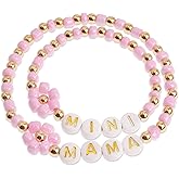 Frigotine Gold Beaded Initial mom Bracelets for Woman, Dainty Letter Flower Beaded Stretch Stackable Bracelet Mother’s Day Jewelry Gift