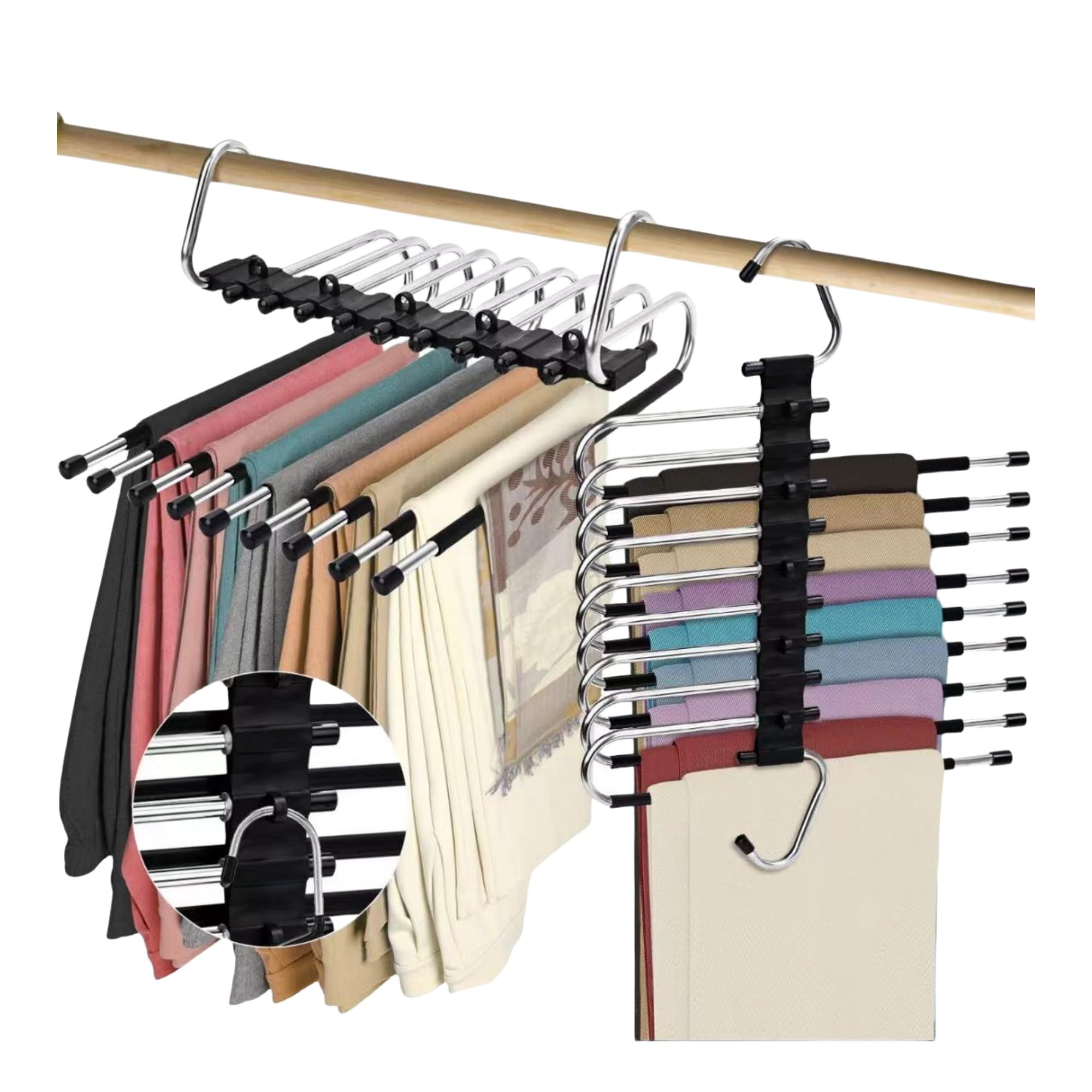 Trrcylp 2pack 9 Layer Collapsible Pants Hangers Space Saving Trousers Hangers Multifunctional Pants Rack Hanger for Wardrobe Trousers Scarf Jeans (Black)