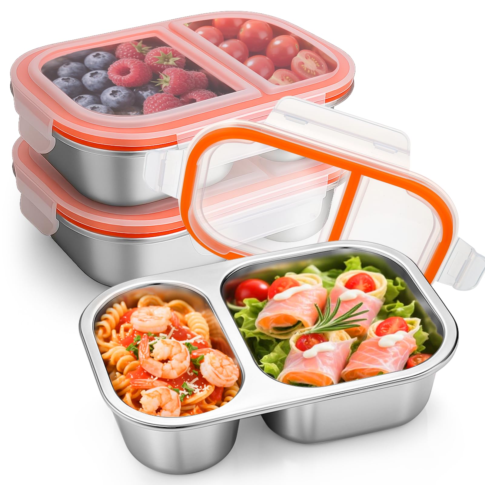 Photo 1 of Palksky Lunch Containers Meal Prep Containers Stainless Steel, 2 Compartment Food Storage Containers with Leak-Proof Lids, Reusable Airtight Bento lunch Boxes, Kitchen Storage, Freezer (3 Packs)