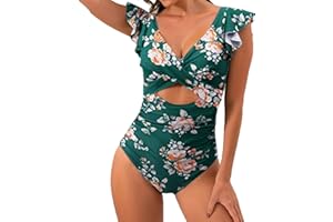 SHAOBGE Women's Ruffled One Piece Swimsuits V Neck Tummy Control Cutout High Waisted Bathing Suit