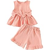 Kupretty Toddler Baby Girl Clothes Summer Linen Outfit Bows Ruffle Vest Shirts + Ruffled Short Set 12 18 24 Month 2T 3T