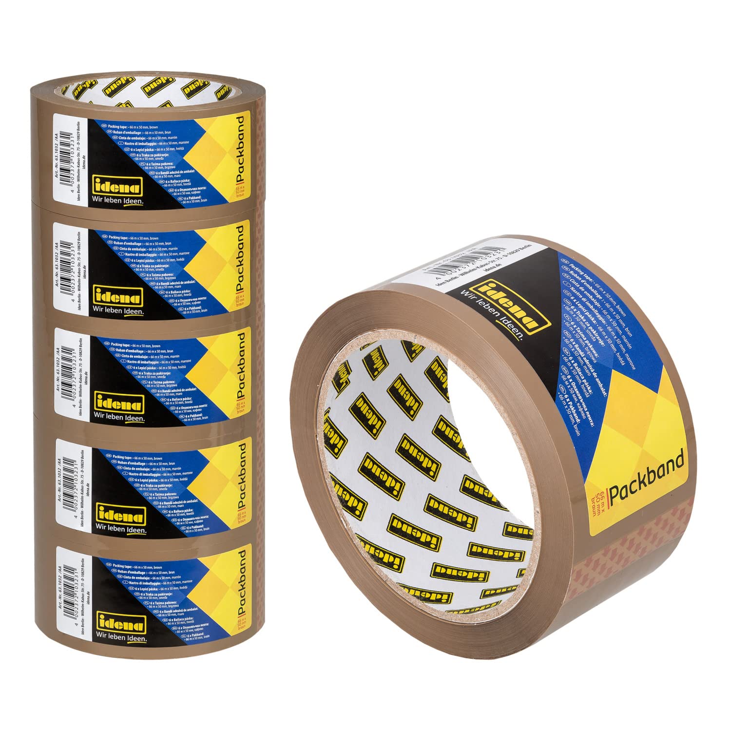 Idena 90129 - Klebeband braun, 50 mm x 66 m, 6 Rollen geräuscharmes Paketband, ideal für Umzug und Versand