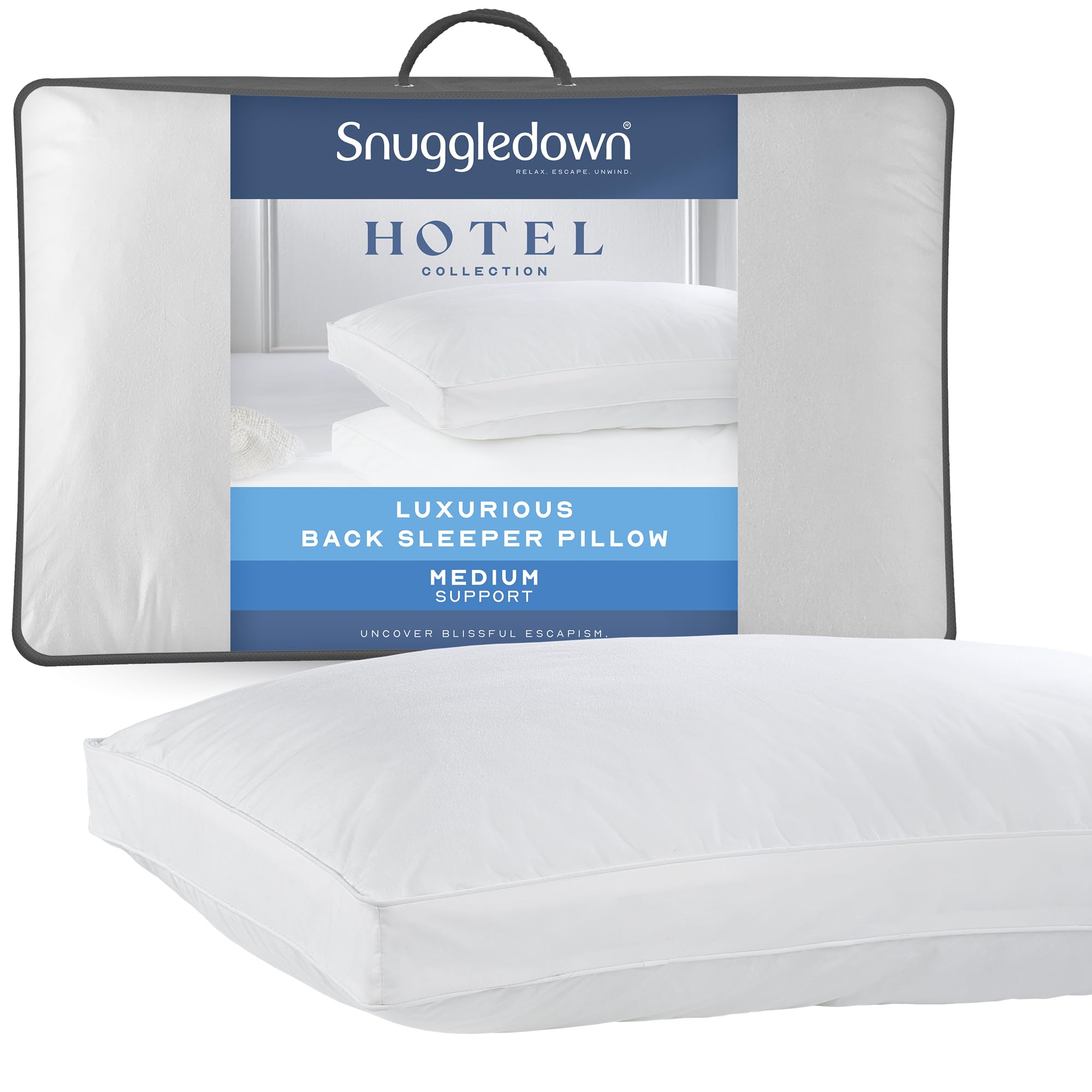 Snuggledown Hotel Collection Back Sleeper Pillow - Supportive & Breathable Boxed Pillow for Back Sleepers | Cotton Cover, UK-Made, Non-Allergenic, Machine Washable (43 x 69cm)