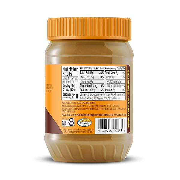 SUNBUTTER NO SUGAR ADDED SUNFLOWER SEED BUTTER, 16 OZ NUT-FREE SPREAD WITH 7G PLANT-BASED PROTEIN, ROASTED RICH & SAVORY FLAVOR, SMOOTH TEXTURE | VEGAN, KOSHER & NON-GMO