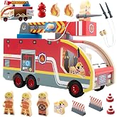 Nene Toys Wooden Fire Truck Toy for Kids 2+ with Rotating Ladder | Fire Engine Play Set With Magnetic Hose, Hydrant, 3 Firefighters, Dalmatian &amp; Accessories for Pretend Play