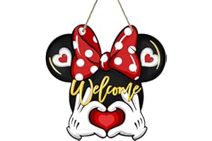 Bolisom Welcome Valentine's Day Mouse Front Door Sign, Red Love Heart Polka Dot Bow Wood Door Hanger Outdoor Outside Porch Decor, Anniversary Wedding Wooden Wreath Indoor Wall Hanging Decoration