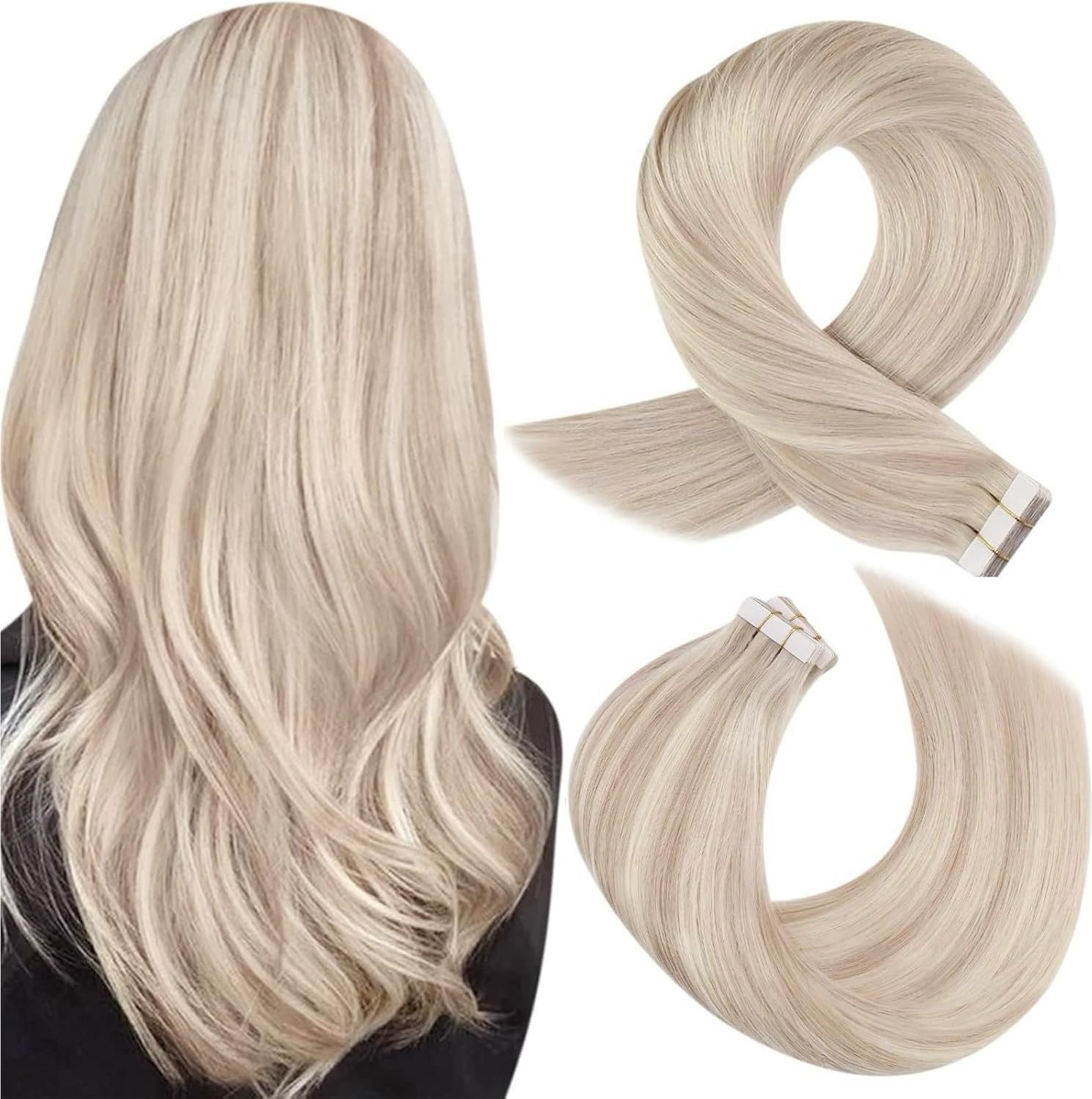 Moresoo Tape in Hair Extensions Human Hair 18 Inch Hair Extensions Tape Real Hair Ash Blonde with Platinum Blonde Tape in Extensions Remy Human Hair #P18/613 20 Pieces/50g โ image 1