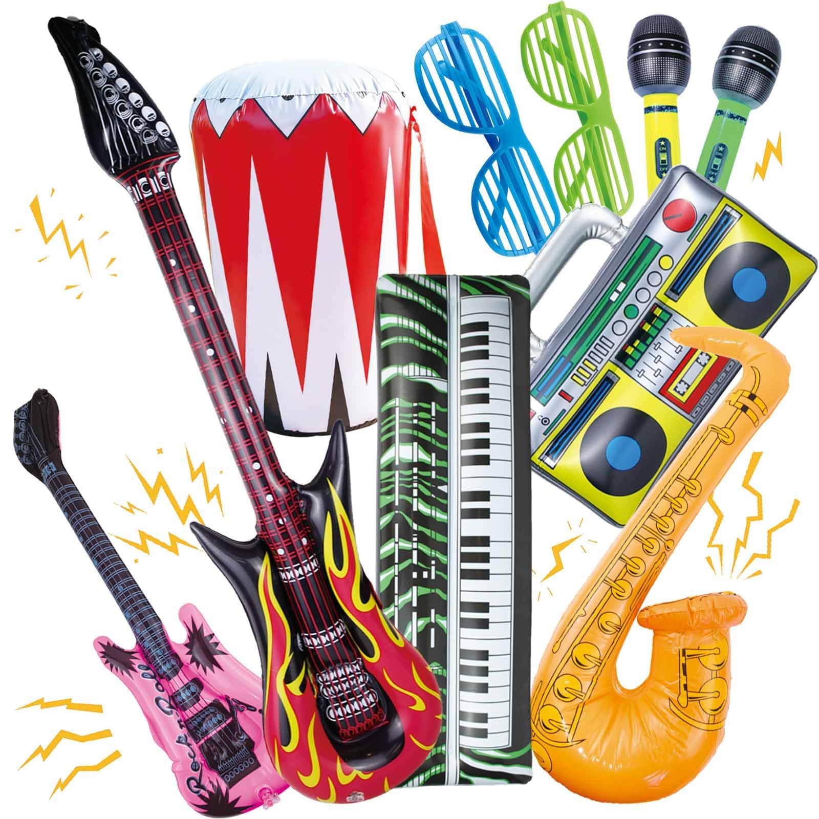 Photo 1 of 10 Pieces Inflatable Instruments Party Props Set Photo Booth Props Inflatable Guitar Saxophone Bass Lute Microphone Recorder Piano Theme Party Rock Toys Decorated Vintage Period Party