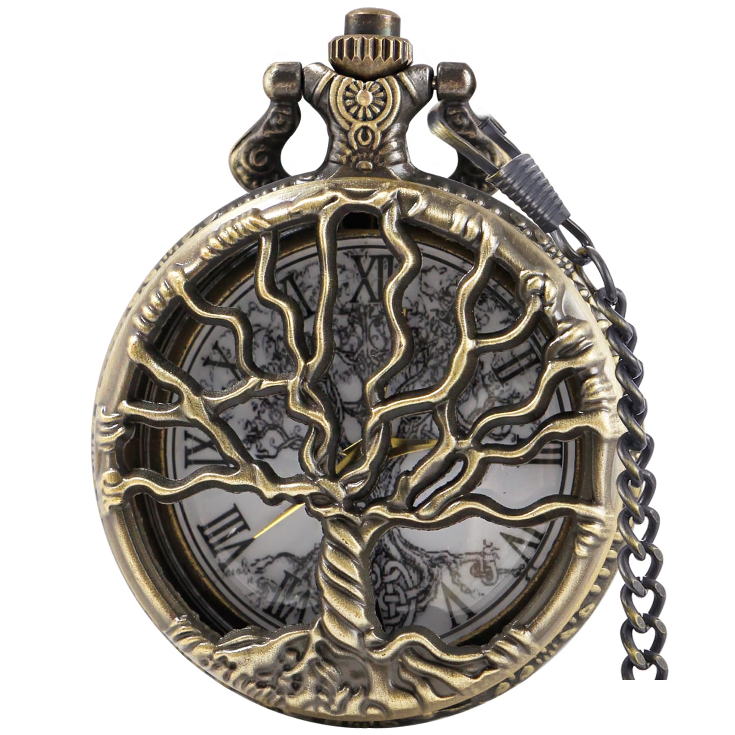 Pocket Watch Hollow Tree of Life Design Roman Numerals Customizable Quartz Pocket Watch with Chain Birthday Gifts