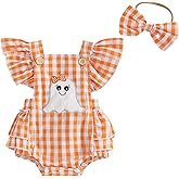 Yxniwxe Newborn Baby Girl Halloween Outfit Plaid Romper Overalls Pumpkin Ghost Embroidery Sleeveless Bodysuit Onesie Headband