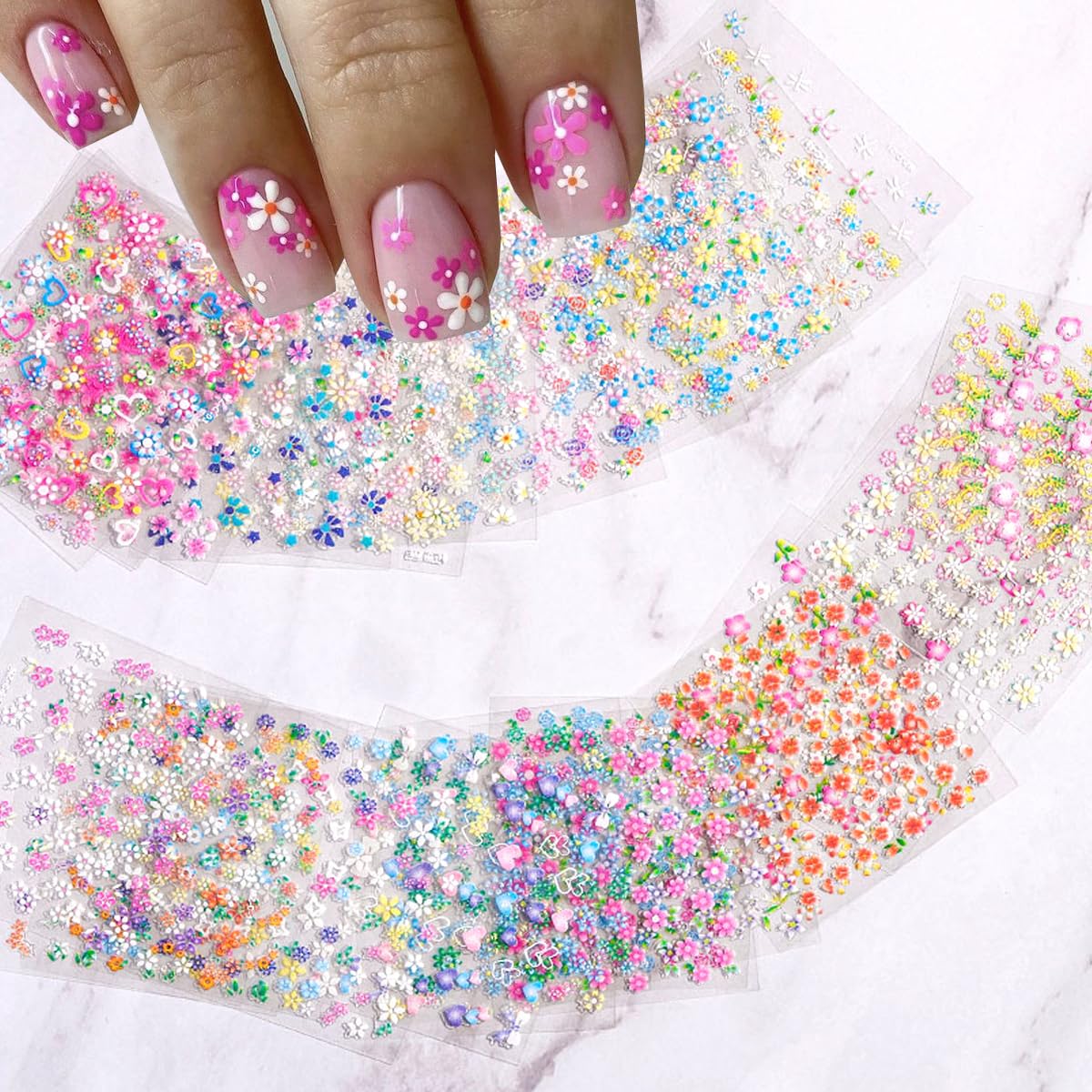 Photo 1 of 30Sheets Flower Nail Art Sticker 3D Self-Adhesive Nail Art Supplies Colorful Flowers Rose Daisy Cherry Blossoms Nail Decals Pink Floral Nail Design Cute Heart Nail Sticker for Acrylic Nails Decoration