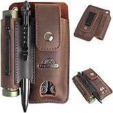 Topstache Leather Multitool Sheath - Multi Tool Holster with Belt Clip - EDC Belt Organizer Fits Multitool, Flashlight, Pen - Leather EDC Pouch Belt Holder Case with Closure Flap, Darkbrown