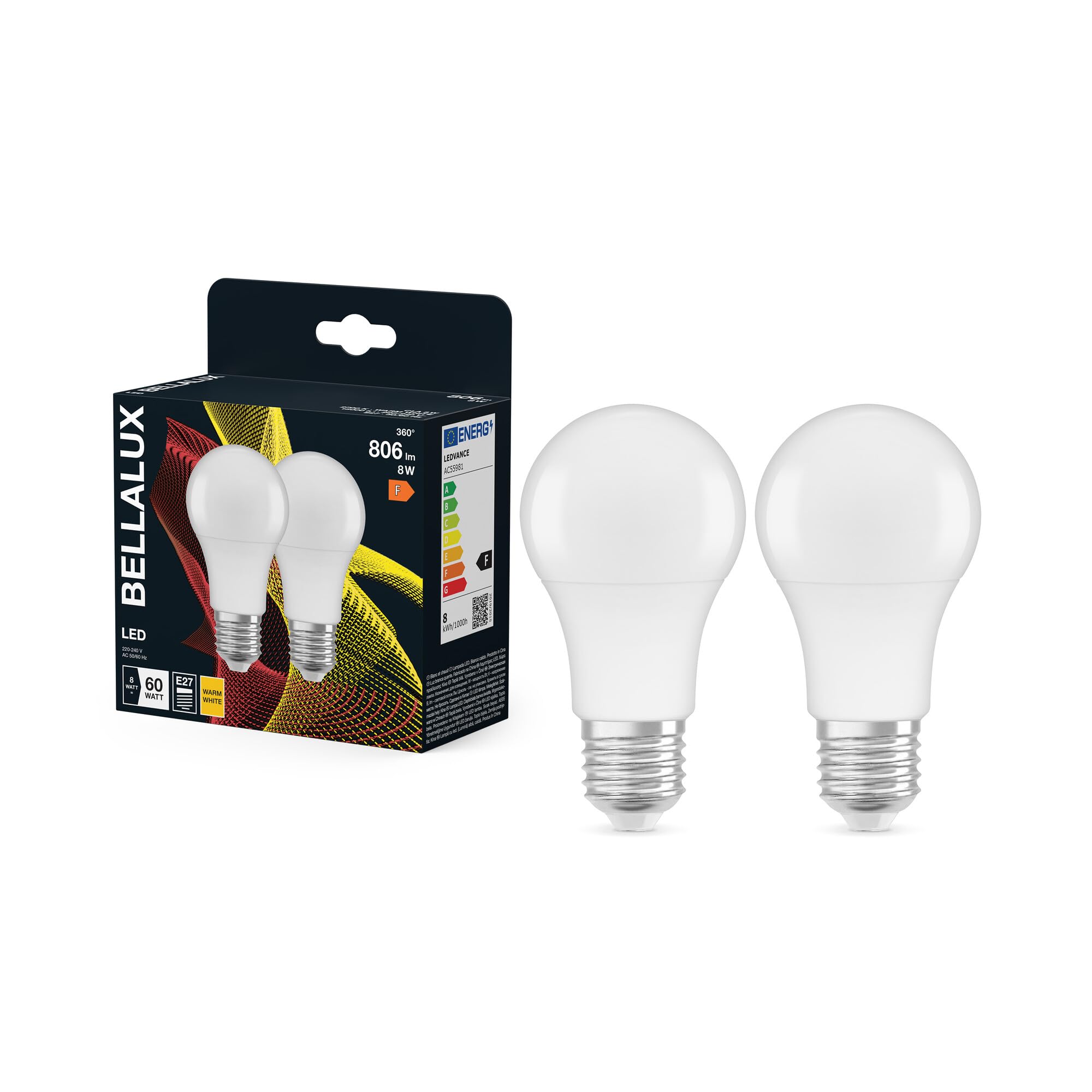 Bella Lux LED Light Bulb | E27 | Warm White | 2700 K | 8.50 W Matt St CLAS A Replacement for 60 W Incandescent Bulb