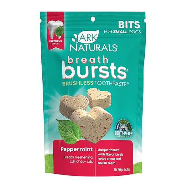 ARK NATURALS BREATH BURSTS BRUSHLESS TOOTHPASTE DOG TREATS, DOG DENTAL BITS FOR SMALL BREEDS, UNIQUE TEXTURE HELPS CLEAN TEETH & FRESHEN BREATH, PEPPERMINT, 4 OZ, 1 PACK