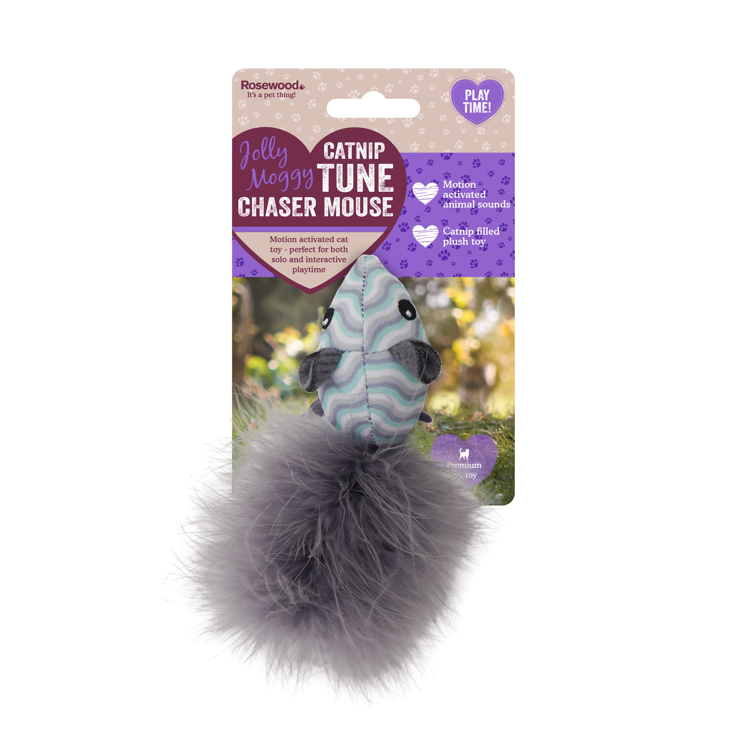 Rosewood Jolly Moggy Catnip Tune Chaser Mouse - Interactive Cat Toy with Motion-Activated Sounds and Catnip for Engaging Play and Fun