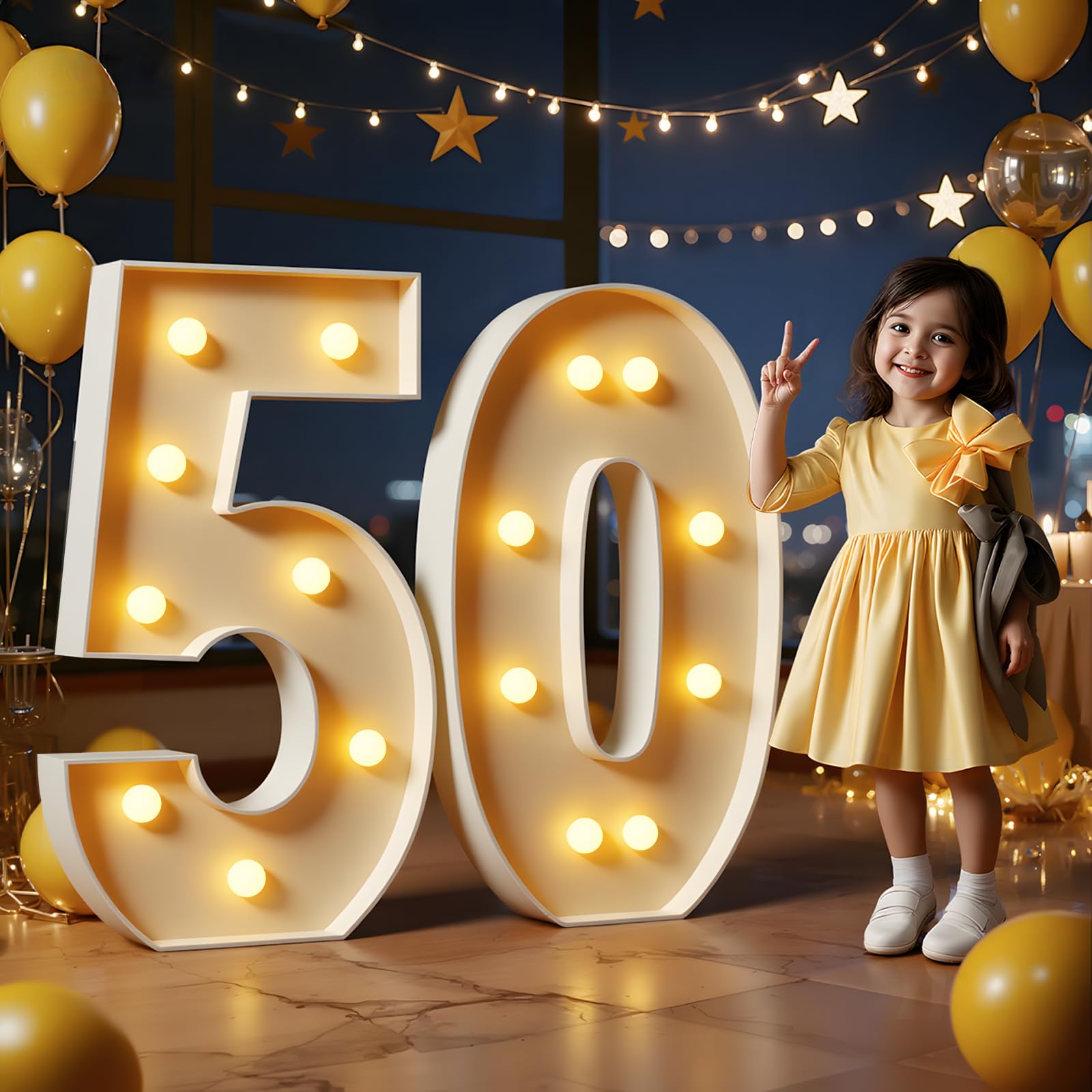 Photo 1 of Marquee Numbers 3 Feet Tall Large Light Up Numbers 50th Birthday Decorations Women Men Big Yellow Light Outdoor Anniversary Decorations Balloon Arch Kit Party Backdrop 50