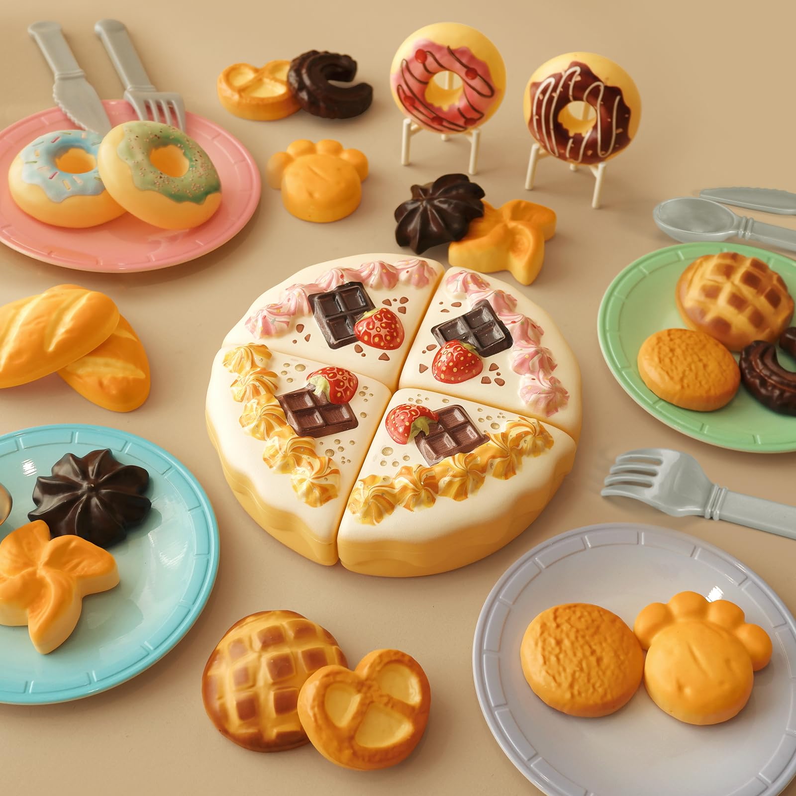 Photo 1 of GILOBABY Toy Food for Toddlers, Pretend Play Toys for Toddlers with Dessert Cakes and Kitchen Accessories, Learning & Educational Tea Party Set for Girls 3 Year and Up, 34 Pcs
