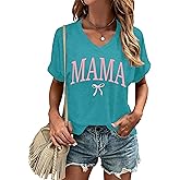 VVNTY Womens Mama Shirt: Mama Letter Print T-Shirt Pink Bow Mom Life Tee V Neck Graphic Tee Tops