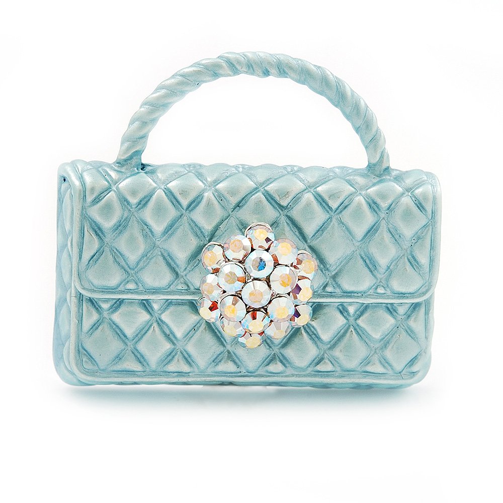Avalaya Stylish AB Crystal Pale Blue Enamel Bag Brooch in Silver Plating - 3cm Length