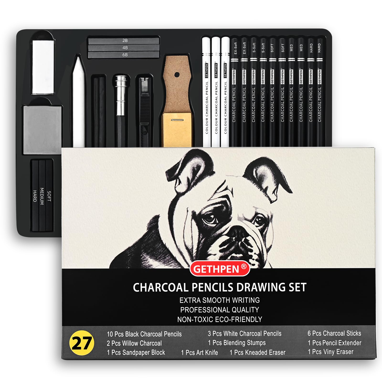 Photo 1 of 27 Piece Charcoal Drawing Set - Professional Black & White Charcoal Pencils for Sketching, Shading & Blending, Graphite Sticks with Artist Art Supplies Kit (Beginners & Professionals)