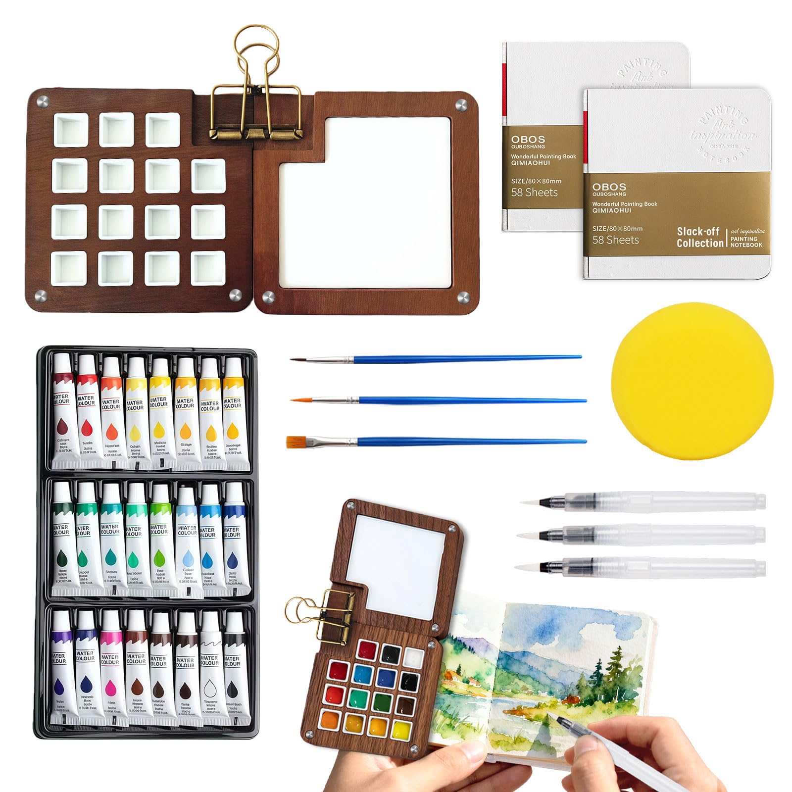 Photo 1 of Esoes Mini Paint Palette Watercolor Kit, Travel Water Color Paint Set, Small Portable Pocket Artist Miniature Painting Kit with Colors, Bind Clips, Brush, Sketchbook for Painters Beginners
