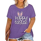 Plus Size Easter Day Shirt for Women Mama Bunny Eggs Happy Easter Printed T-Shirt Short Sleeve Graphic Tee Tops