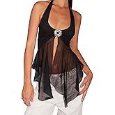 Women Halter Top Y2k Flowy Sheer Mesh Split Hem Backless Going Out Tank Top Festival Clubwear