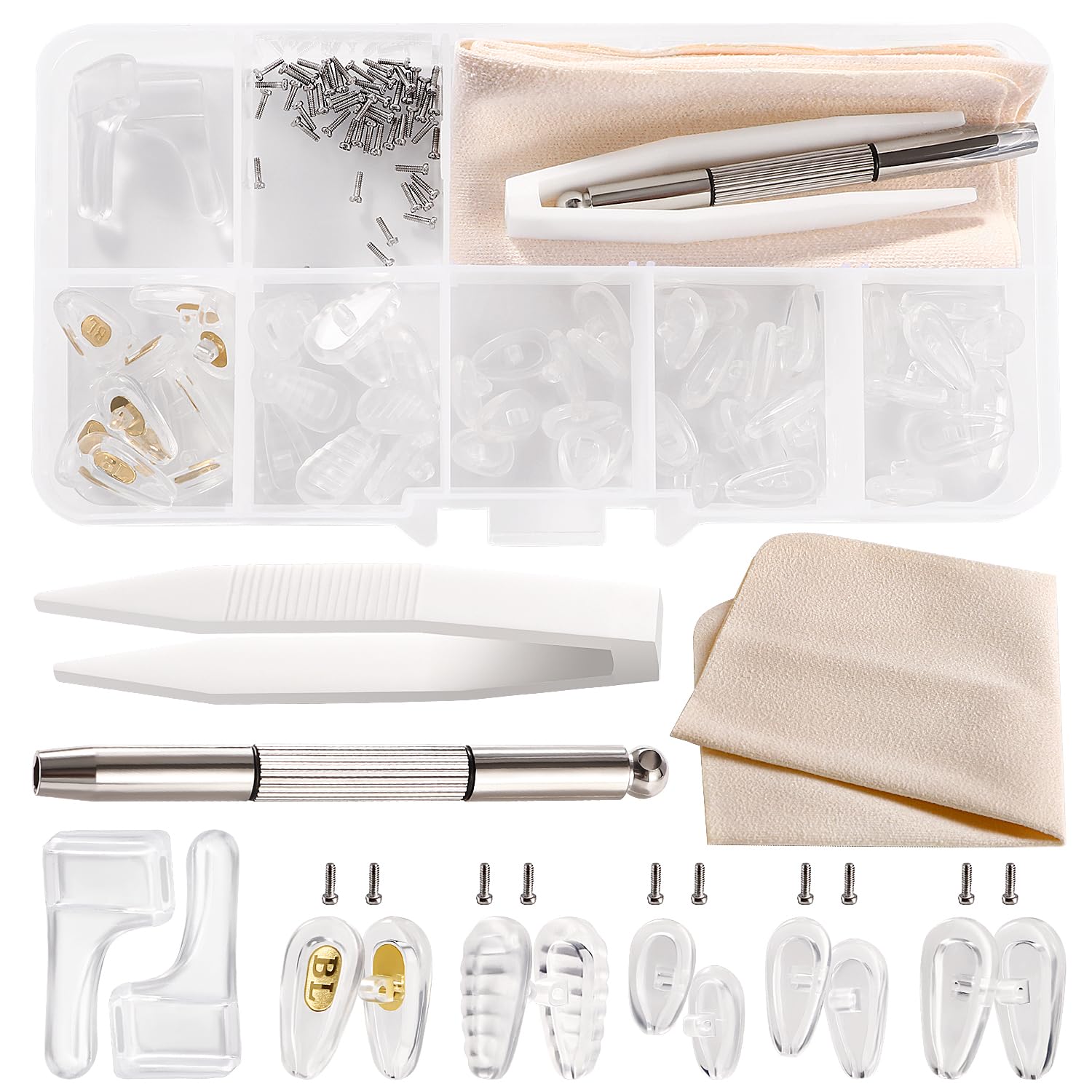 YIXISI 25 Pairs Glasses Nose Pads Kit, Eyeglass Nose Pads, Silicone Screw-in Nose Pads Glasses Repair Kit, with Screws Screwdriver Tweezers Cleaning Cloth, for Most Eyeglasses, No. 7