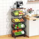 Gsiekare Fruit Vegetable Basket for Kitchen, 5 Tier Stackable Fruit Vegetable Storage Baskets with Wheels, Metal Wire Storage Basket Organizer Baskets for Kitchen, Pantry, Bathroom