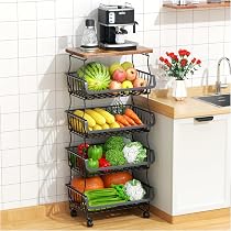 Étagère à Légumes Empilable 5 Niveaux Avec Roues - Rangement Cuisine Mobile, En Acier, Noir - 44x27x105 Cm