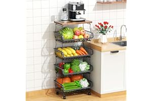 Gsiekare Fruit Vegetable Basket for Kitchen, 5 Tier Stackable Fruit Vegetable Storage Baskets with Wheels, Metal Wire Storage Basket Organizer Baskets for Kitchen, Pantry, Bathroom
