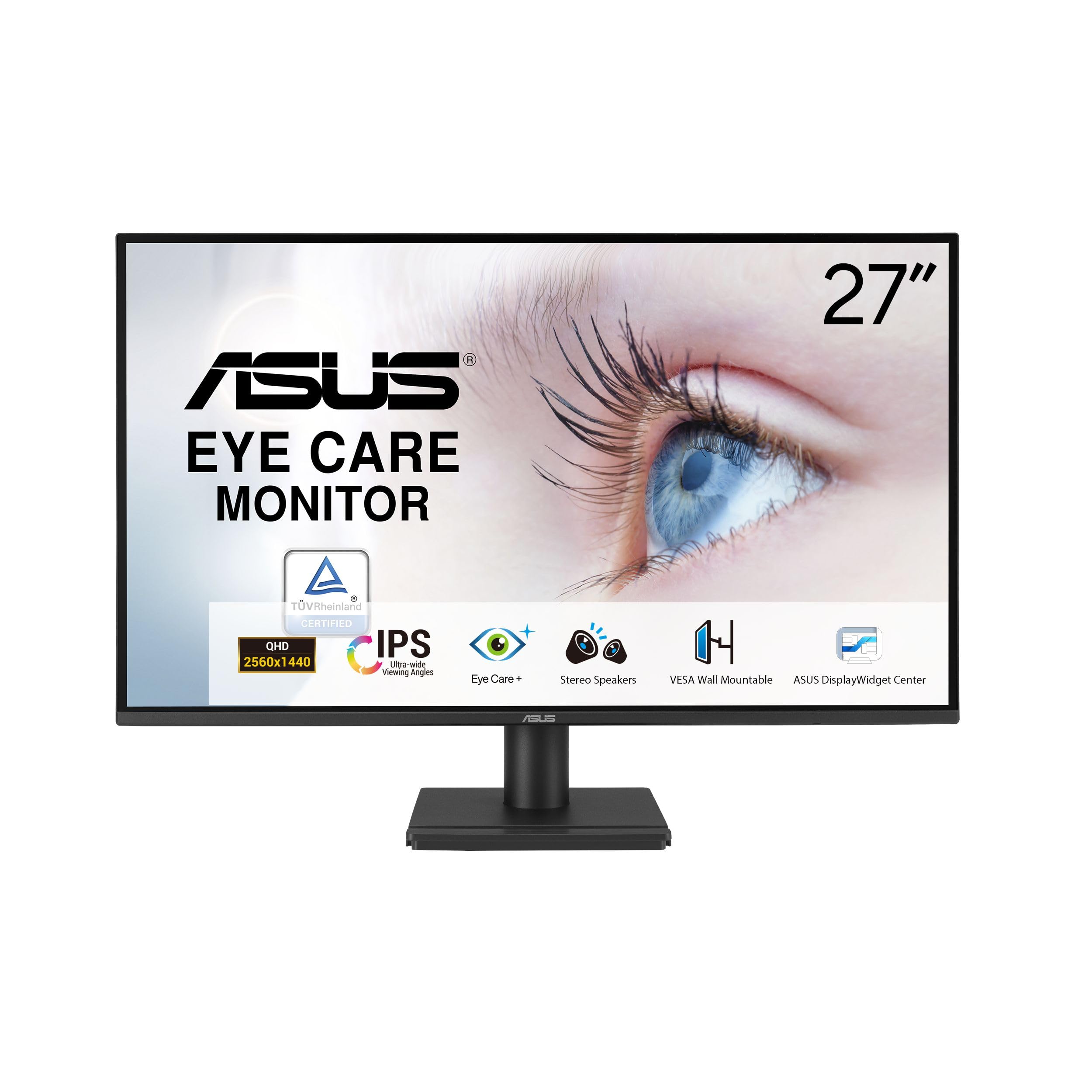 ASUS 27” 1440P Eye Care Monitor (VA27AQ) - IPS, QHD (2560 x 1440), 99% sRGB, Frameless, HDMI, DisplayPort, VGA, 1ms, Speakers, Low Blue Light, Flicker Free, VESA Wall Mountable, 3 yr Warranty Image