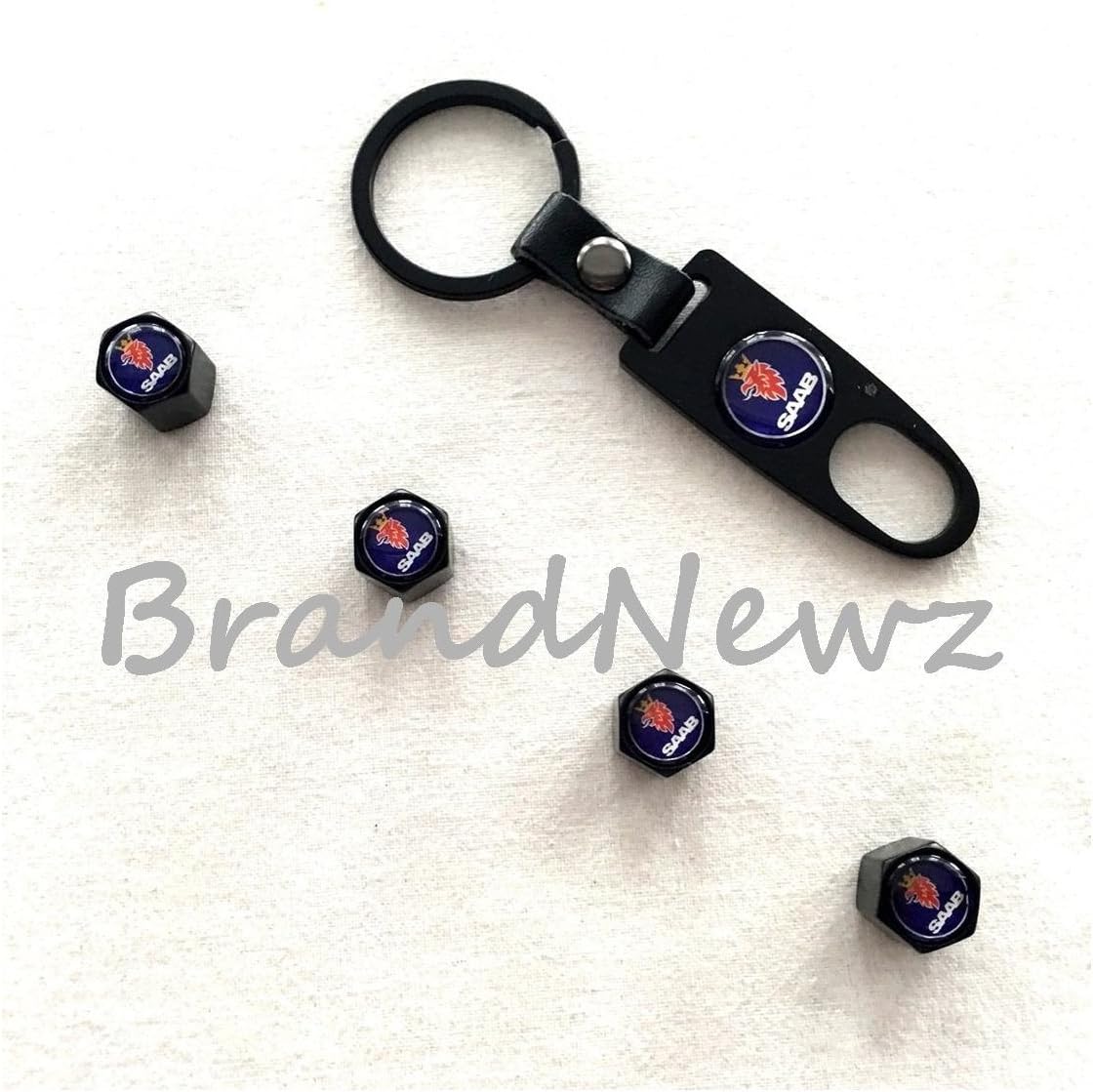 COMBINED BRAND NAME SAAB BLACK ALLOY CAR WHEEL TYRE VALVE DUST CAPS COVERS SPANNER KEYRING - SET OF 4