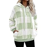 Nirovien Womens Sherpa Pullover Oversized Fuzzy Hoodie Double Fleece Sweatshirts Fluffy Plaid Outerwear Warm Coats