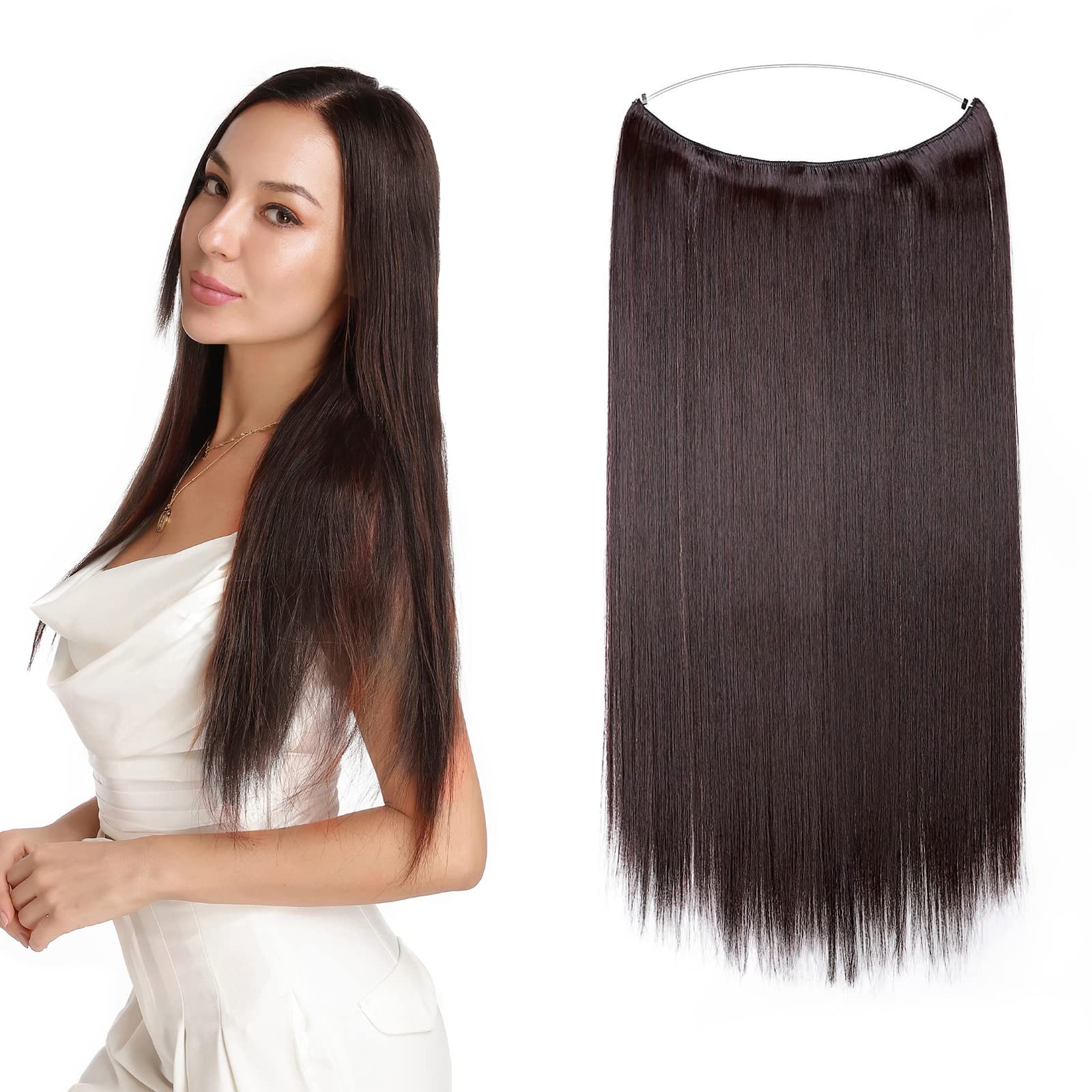 Wire on Hair One Piece Straight Wire in Hairpiece Extensions 20inch Wire on Hair Piece Invisible Heat-Resistant (Dark Brown&Dark Wine Red)
