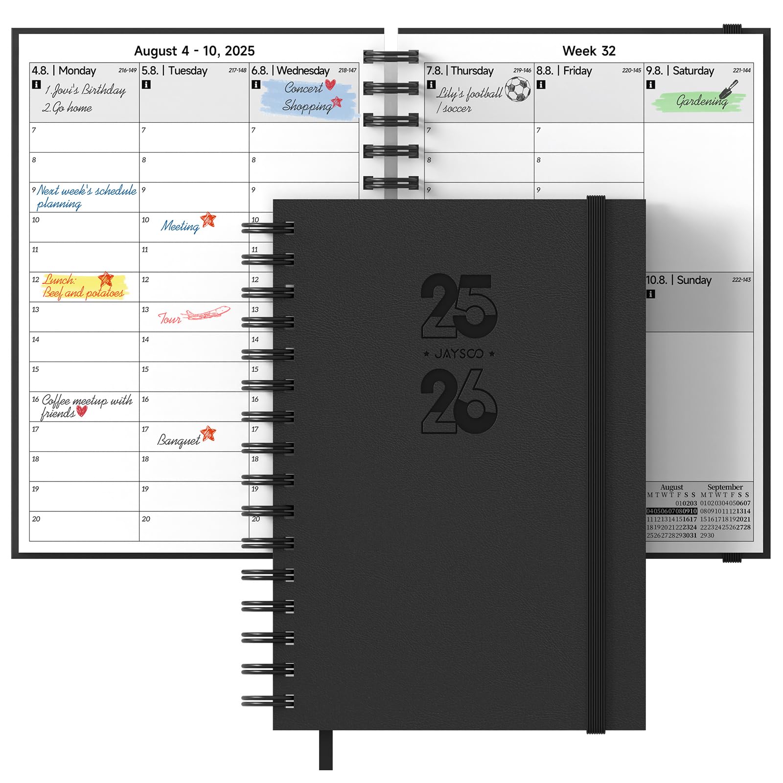 JAYSOO ® Calendar 2025-2026 Weekly Planner 21 x 14.5 cm Daily Plan and Timetable, 17 Month Diary Hardcover (Jul 2024-Dec.2025) for Work, Learning and Family Plan - Black