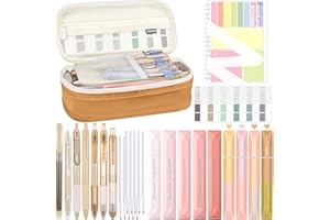 Aiallyo 40Pcs Aesthetic Book Annotation Kit with Pen Case，Including Gel Pen set Highlighters Correction Tape Sticky Notes Set and Tabs for Bible Study Student Stationary(Brown Color,Classic)
