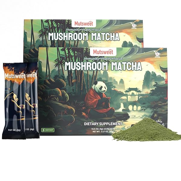 MUTSWEET MATCHA GREEN TEA POWDER WITH 10-IN-1 MUSHROOM & SKIMMED MILK POWDER, GLUTEN-FREE, NON-GMO, SWEETENED MATCHA LATTE BLEND, FOR NATURAL ENERGY, MEMORY, IMMUNE SUPPORT, PORTABLE 30 PACKETS