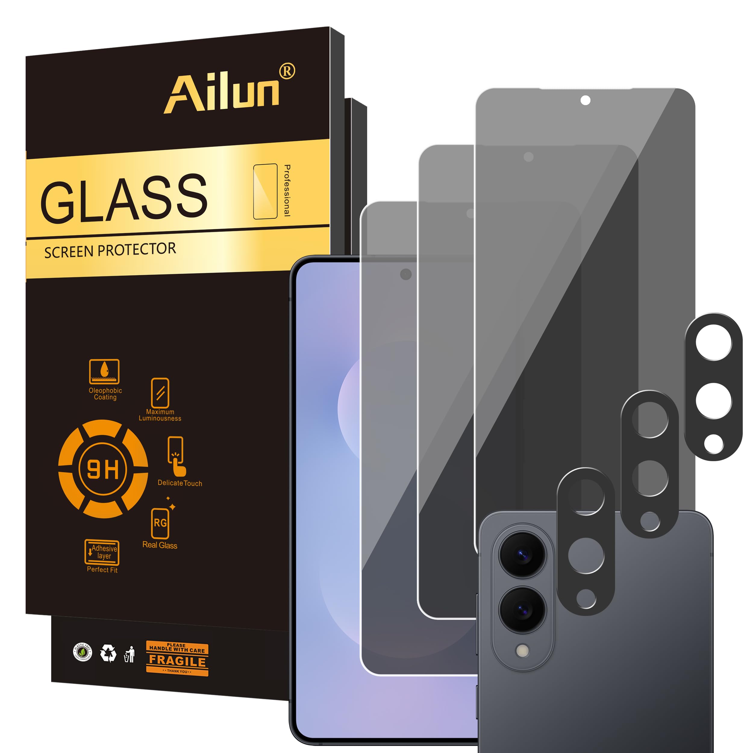 Photo 1 of Ailun 3 Pack Privacy Screen Protector for Galaxy S25 Edge [6.7 inch] + 3 Pack Camera Lens Protector, Anti Spy Private Tempered Glass Film, Case Friendly, [9H Hardness] - HD [6 Pack]