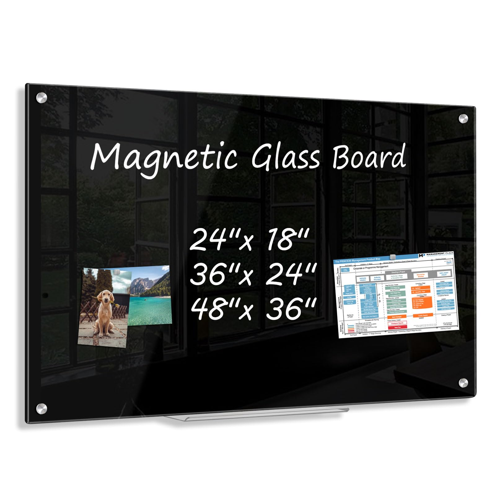 Photo 1 of AMUSIGHT Black Dry Erase Board, 24" x 18" Magnetic Large Black Glass Board Frameless Wall Mounted Glass Whiteboard for Office, School & Home with 1 Acrylic Marker Tray & 3 Strong Magnet
