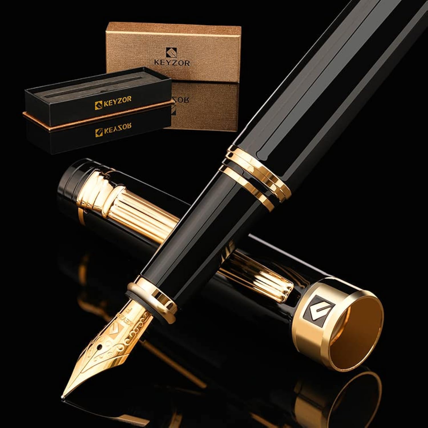 KEYZOR Fancy Fountain Pen Set, Classic Design Black pen with 24K Gilded Fine Nib, Ink Converter,Luxury Pen with Premium gift box,Calligraphy Pen for Journal Writing Office