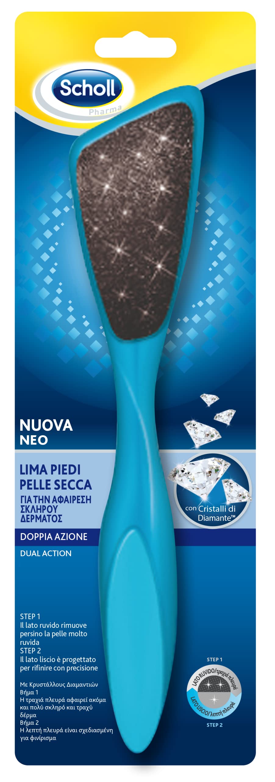 Scholl Diamond Crystal Double Action Foot File Abrasive Surface for Calluses and Corns, Smooth Surface to Finish, Non-Slip Grip