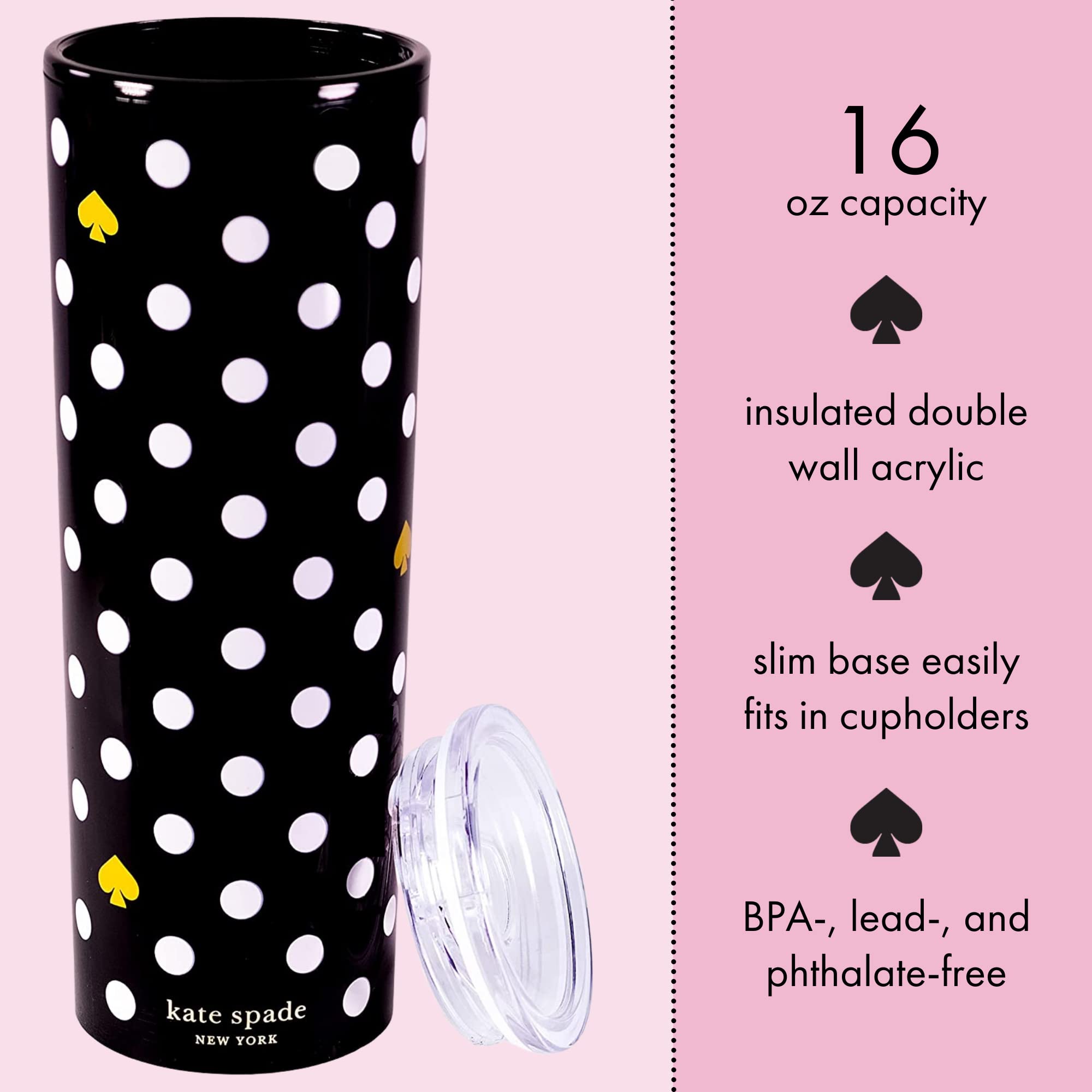 kate spade new york 16 Ounce Insulated Travel Mug with Lid, Black Double Wall Thermal Tumbler for Coffee/Tea, Polka Dots