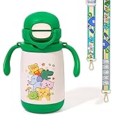PHEENOWL 13oz Kids Insulated Water Bottle, 2-in-1 Straw & Spout Lid, with Shoulder Strap and Handle, 316 Stainless Steel Water Bottle for Toddler, Sports, Travel, and School (Green - Animals)