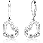 925 Sterling Silver Heart Earrings for Women, 14K Gold Plated Cubic Zirconia Dangle Earrings, Leverback Hypoallergenic Drop Earings for Women, Valentine's Day Gifts