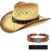 Men's Women's Western Straw Cowboy Hat, Cowgirl Sun Beach Hat with Two Decorative Bands and a Hair Band, Wide Brim Brown